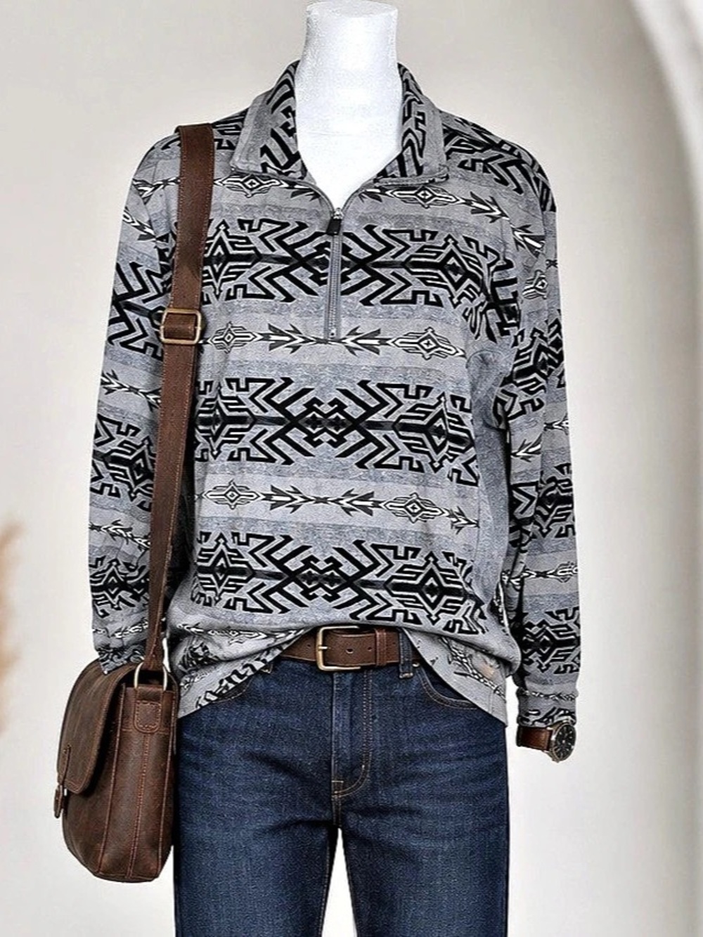 Powder River Outfitters 1/4 Zip Pullover Geometric in Gray Size Large
